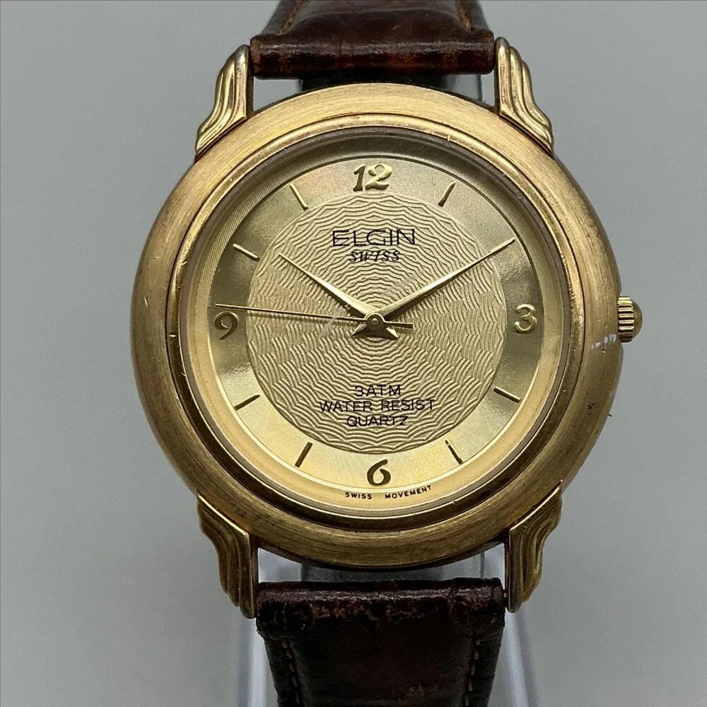 Elgin Swiss Mens Watch 36mm Gold Tone Brown Leather FLS30-040 New Battery